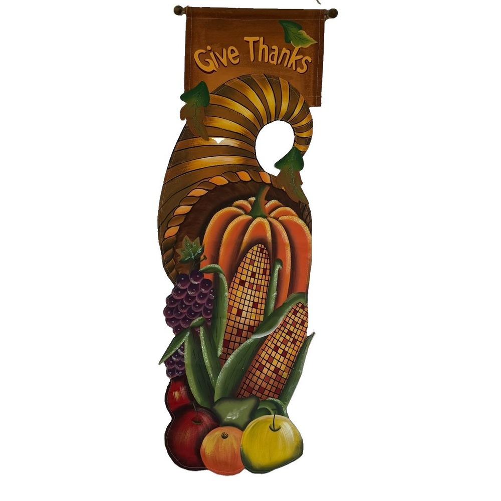 Give Thanks Cornucopia Wall Hanging 52" Thanksgiving Fall Harvest Door Decor